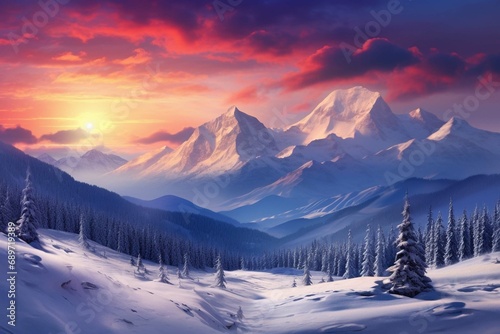 Hyper realistic sunset, purple sky, snowy © Areesha