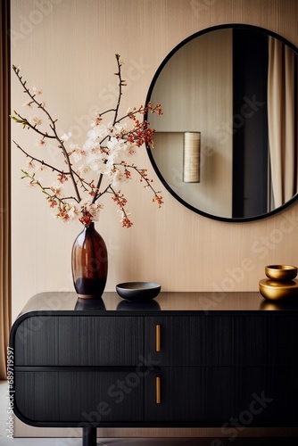 mirror with a black dresser at the entrance