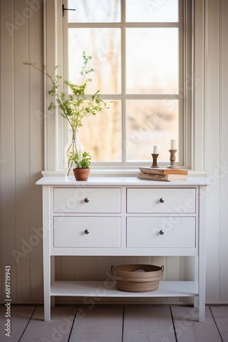 mirror with a white dresser at the entrance photo