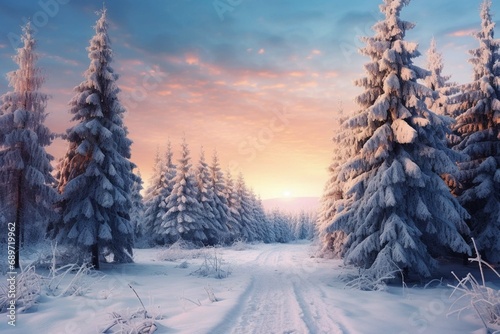 Snowy landscape at sunset, frozen pine trees covered with snow in winter