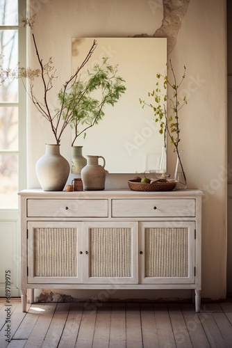 mirror with a white dresser at the entrance photo