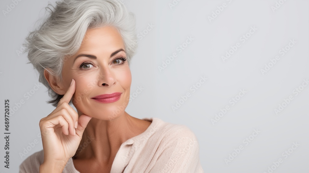 Glowing smiling gorgeous grey hair senior mid aged woman with good face skincare with one hand on her cheek with inviting look with as beauty sphere background with copyspace Glowing smiling gorgeous grey hair senior mid aged woman with good face skincare with one hand on her cheek with inviting look with as beauty sphere background with copyspace