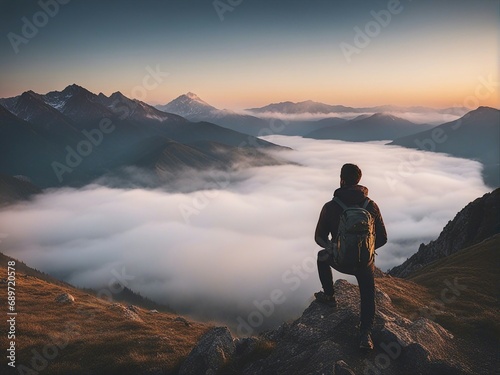 at the top of the foggy mountain, the sporty hiker man watching the lake with mountain views, sunrise