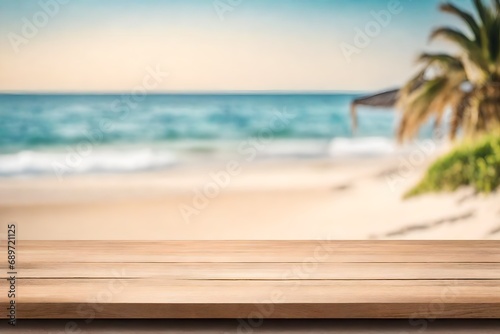 Wooden tabletop stands with a blurred sea and beach background to showcase products