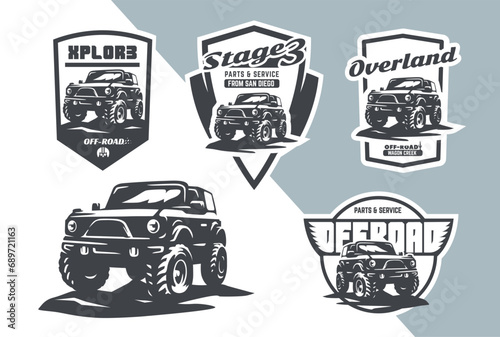 Set of classic off-road suv car emblems, badges and icons. Rock crawler car on trail. Isolated suv front side view.