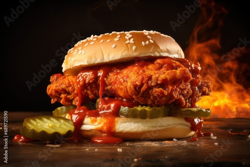 Nashville hot chicken sandwich with pickles and coleslaw, American fried chicken fast food  photo
