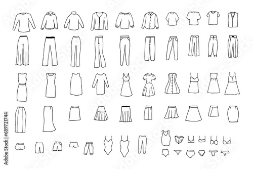 Doodle clothes set. Fashion, clothing store, casual clothes. Trousers, dress, shorts, underwear. Men's and women's clothing.