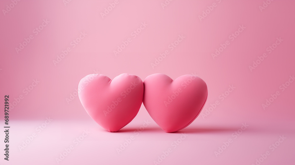 two plush hearts on a pink background. Valentine's day background