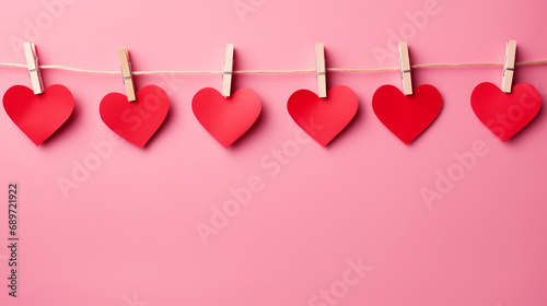paper hearts on clothespins on a pink background. Valentine's Day background