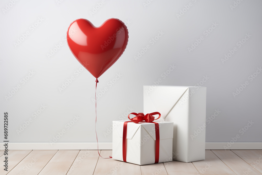 white gift box with red heart-shaped balloons tied to it white gift box with red heart-shaped balloons tied to it