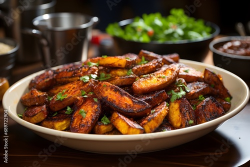 Savory delight of Ghanaian Kelewele - spiced and fried plantains providing a flavorful and subtly spicy snack or side dish photo