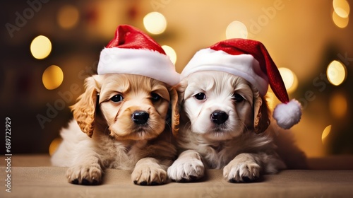 cute puppy sit in red santa hat © JuJamal