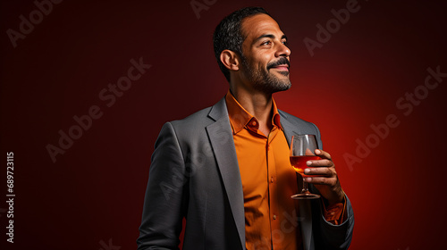 Handsome Indian man holding a glass of red wine on a red background. ia generative