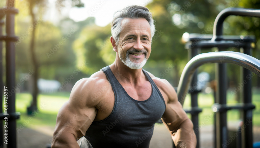 senior man with a muscular body working out in park, bodybuilding and fitness concept senior man with a muscular body working out in park, bodybuilding and fitness concept