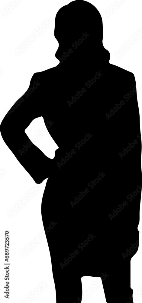 The silhouette of a woman is standing with her arms at her waist.