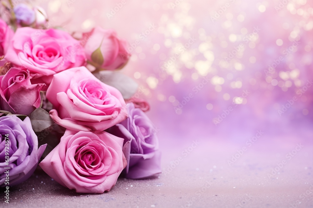 Romantic pink purple roses flower border on soft glitter background 