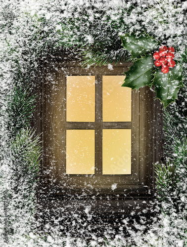 Verschneites altes Holzfenster mit zugefrorener Fensterscheibe