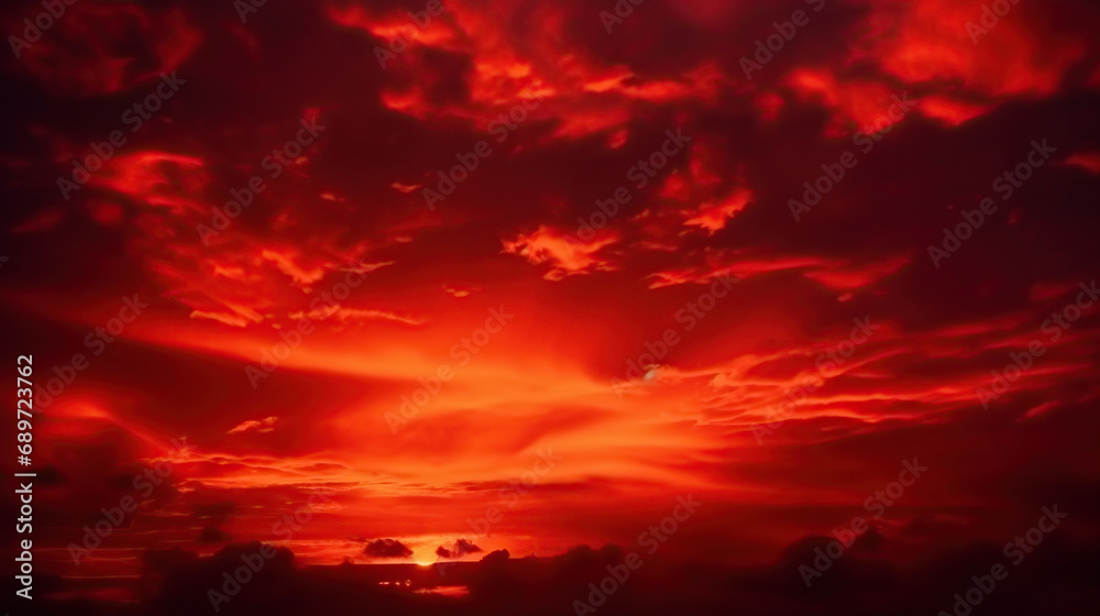 Bright red sunset. Dramatic evening sky with clouds. Fiery skies with space for design.