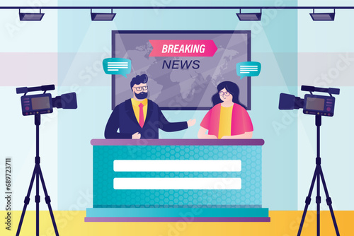 Tv presenters broadcasting news in modern television studio. Anchorman and woman newscasters reporting program sitting at desk, Breaking news. Cameras shooting live video