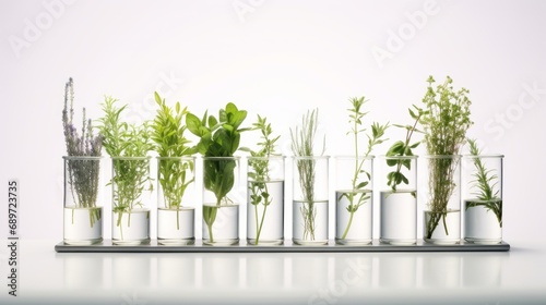 a row of plants in test tubes on a white background.