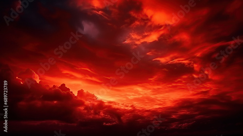 Bright red sunset. Dramatic evening sky with clouds. Fiery skies with space for design.