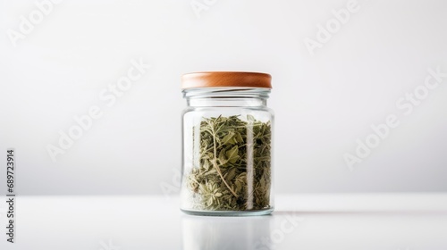 a jar of dried cannabis leaves on a white background.
