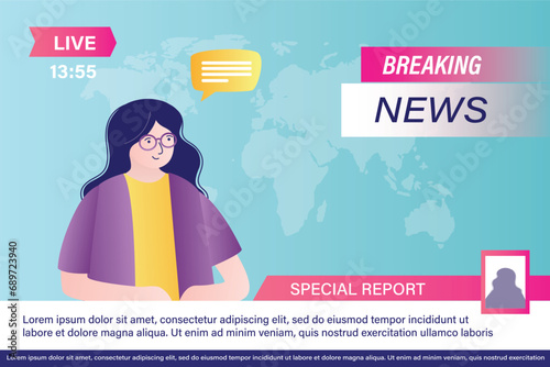 TV news studio with broadcaster and breaking world background. Breaking news on tv, broadcasting journalist. Young female tv newscaster woman reporting tv news.