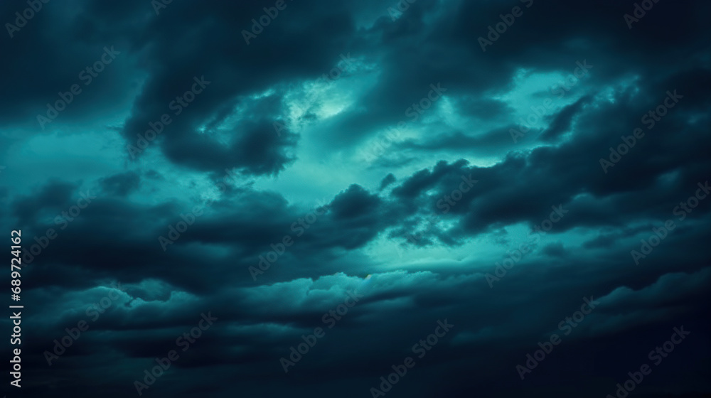 Dark teal cloudy sky. Night skies with clouds. Gloomy sky background for design.