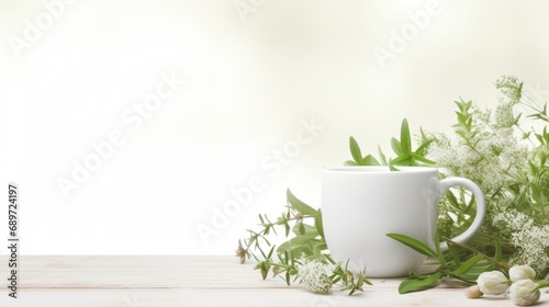 a white mug with green leaves and flowers on a wooden table against a white background.