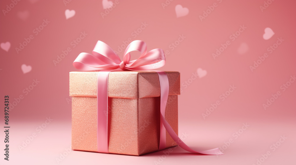 Pink Gift box and festive hearts on pink background. Gift concept for Valentine Day, Wedding or Birthday, flat lay, top view