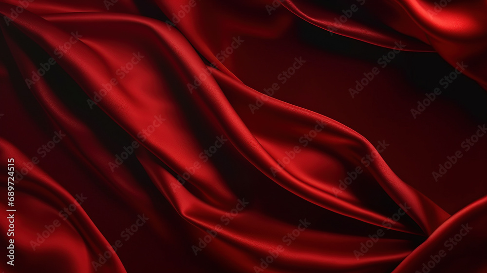 Fototapeta premium Black red silk satin. Beautiful soft folds. Shiny fabric. Dark luxury background with space for design. 