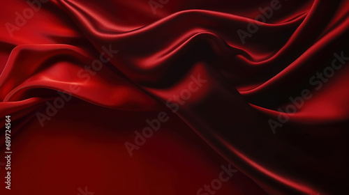 Black red silk satin. Beautiful soft folds. Shiny fabric. Dark luxury background with space for design. 