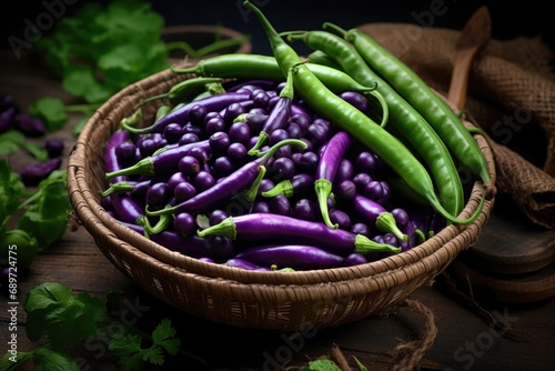 Organic Undhiyu Recipe: Fresh Purple Aubergine and Hyacinth Beans with Other Vegetables for Traditional Indian Gujarati Dish photo