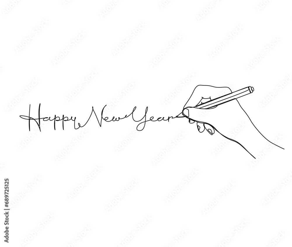 Continuous one line drawing of Happy New Year. Writing using pen. Happy New Year handwritten lettering new year text vector. Continuous one line drawing of Happy New Year. Writing using pen. Happy New Year handwritten lettering new year text vector.