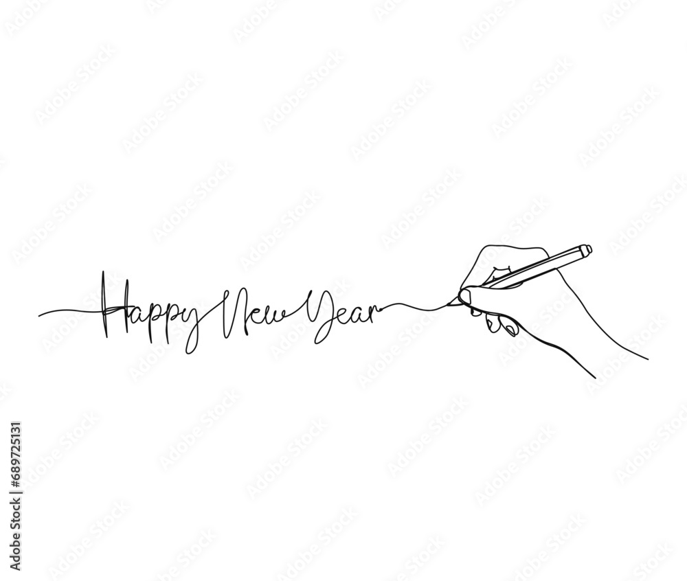 Continuous one line drawing of Happy New Year. Writing using pen. Happy New Year handwritten lettering new year text vector. Continuous one line drawing of Happy New Year. Writing using pen. Happy New Year handwritten lettering new year text vector.