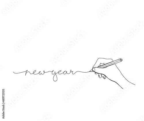 Continuous one line drawing of New Year. Writing using pen. Happy New Year handwritten lettering new year text vector.