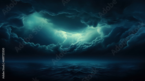 Dramatic Night Sky, Black and Dark Greenish-Blue Tones Set the Stage for an Ominous Scene. Gloomy Stormy Rain Clouds Creating a Background of Cloudy Thunderstorm, Hurricane Wind, and Lightning.