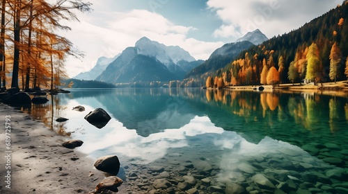 Autumn lake with reflection of mountains in the water. Bavaria  Germany