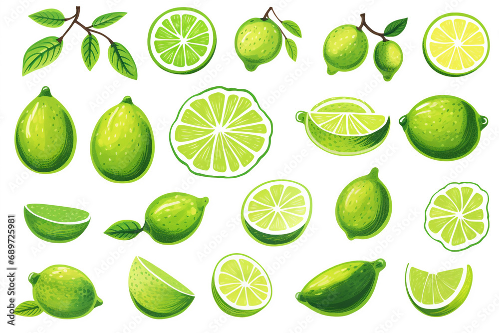Watercolor painting Lime symbols on a white background. 