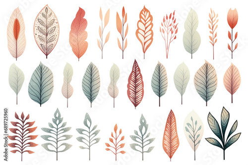 Set of watercolor elements from leaves on a white background. 