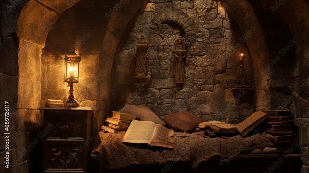 A secluded book alcove in a medieval castle, its stone walls lined with