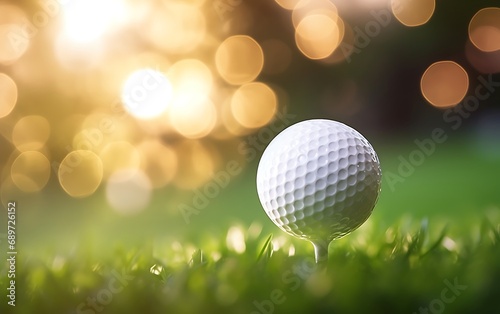 Golf ball on green grass with bokeh light background