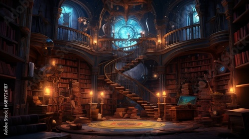 A secret chamber hidden beneath a library, lined with shelves holding scrolls and manuscripts protected by ancient enchantments. Soft torchlight s the hidden knowledge within