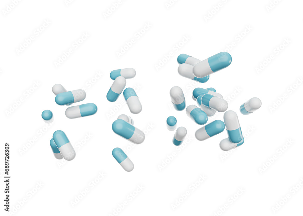 3d Blue And White Pharmaceutical Antibiotic Capsules Falling On White Background, 3d Illustration