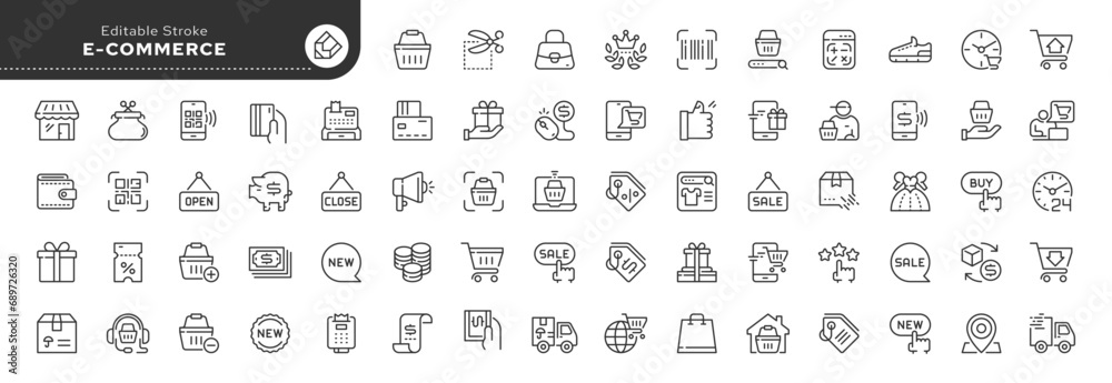 Set of line icons in linear style. Series - E-commerce and shopping. Online shopping cart, electronic purchase and sale on marketplaces. Conceptual pictogram and infographic. - obrazy, fototapety, plakaty 