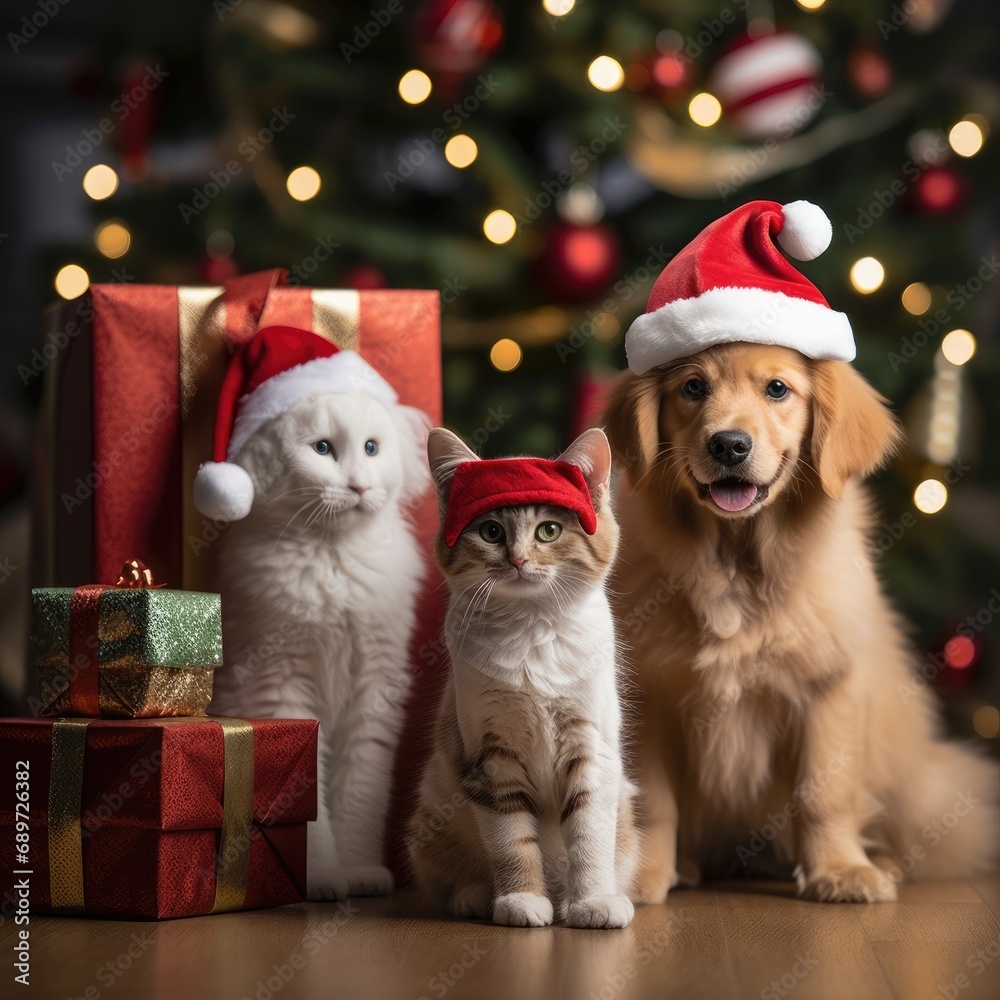 Cute dog puppy retriever with christmas gift boxes concept photo poster merry present red new year Cute dog puppy retriever with christmas gift boxes concept photo poster merry present red new year