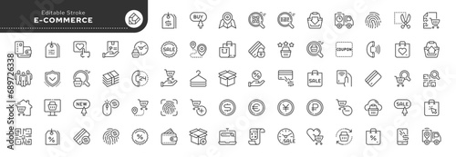 Set of line icons in linear style. Series - E-commerce and shopping. Online shopping cart, electronic purchase and sale on marketplaces. Conceptual pictogram and infographic.