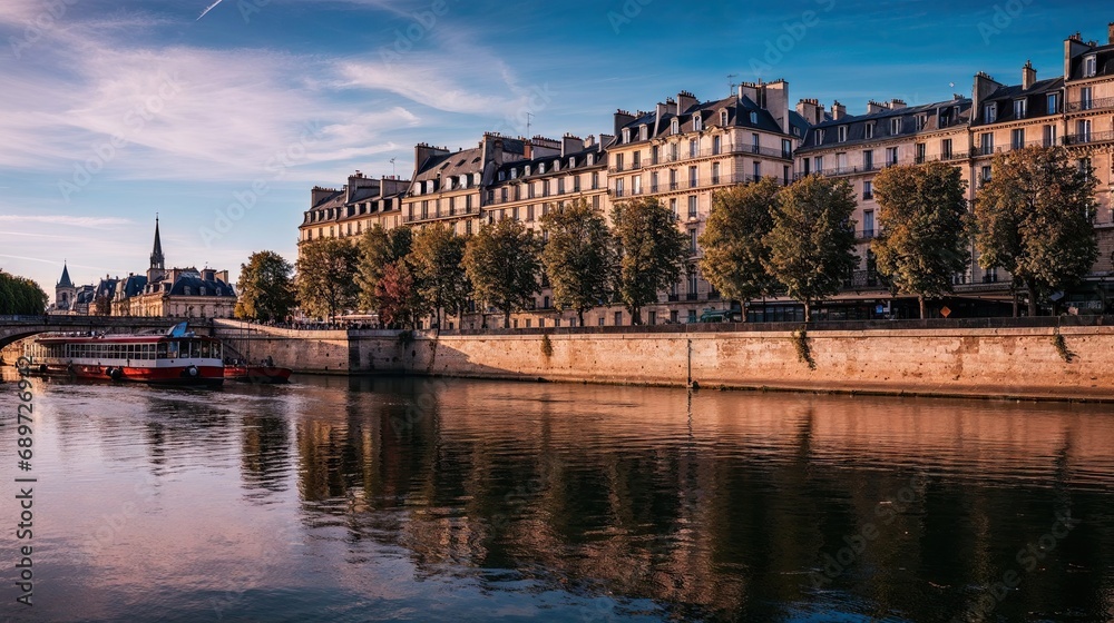 Obraz premium quai de Seine à Paris avec péniches et bâtiments Haussmannien
