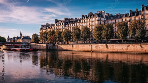 quai de Seine à Paris avec péniches et bâtiments Haussmannien photo