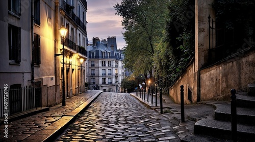 typique rue pavée déserte de Paris au petit matin photo